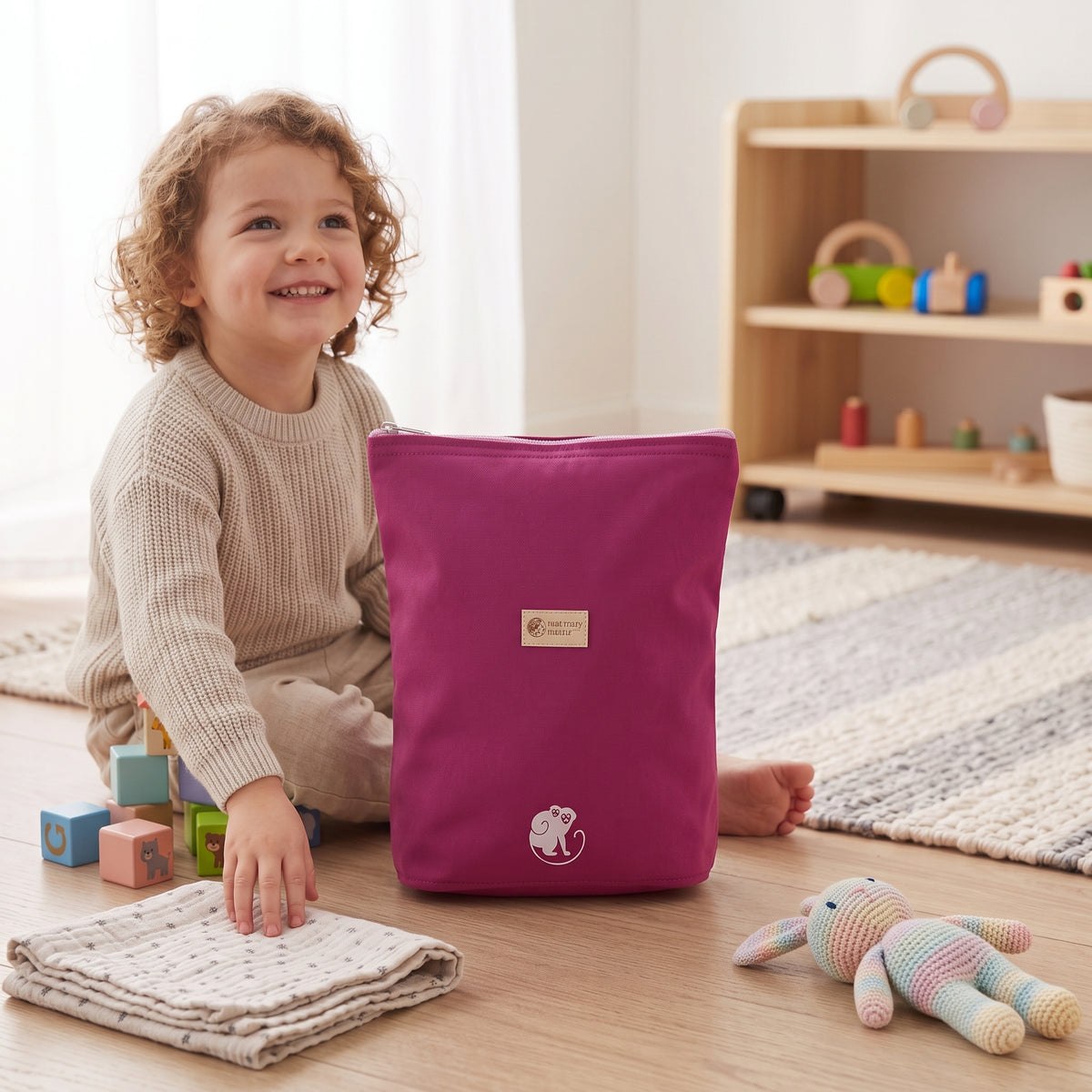 Mochila infantil de softshell Monkey Mum® - Frambuesa jugosa
