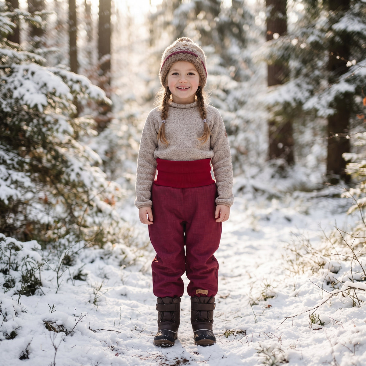 Pantalones infantiles evolutivos de invierno de softshell con borreguito Monkey Mum® - Caperucita vinotinto
