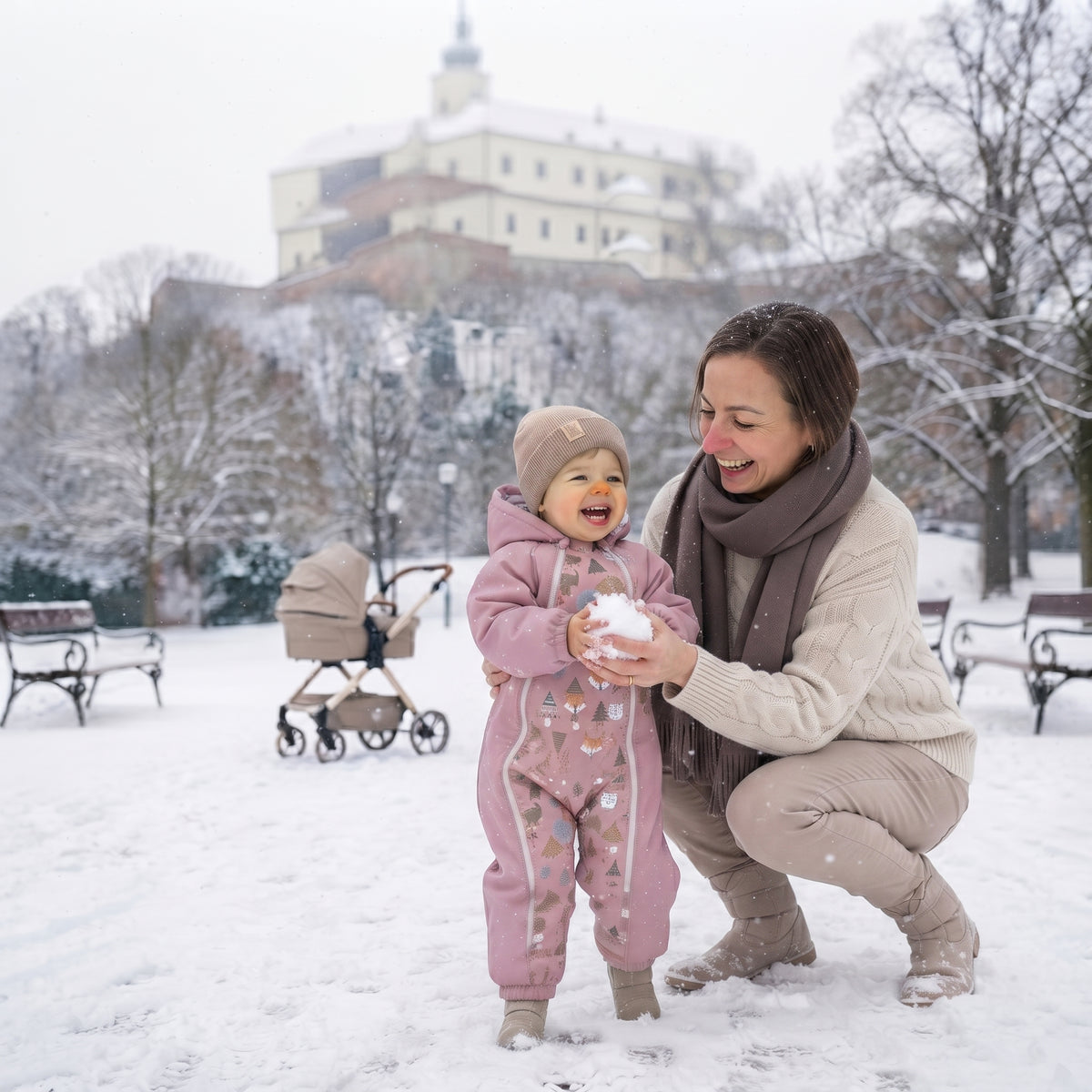 Monkey Mum® Mono infantil de invierno de softshell con borreguito - Ovejita rosa en el bosque - talla 62/68, 74/80
