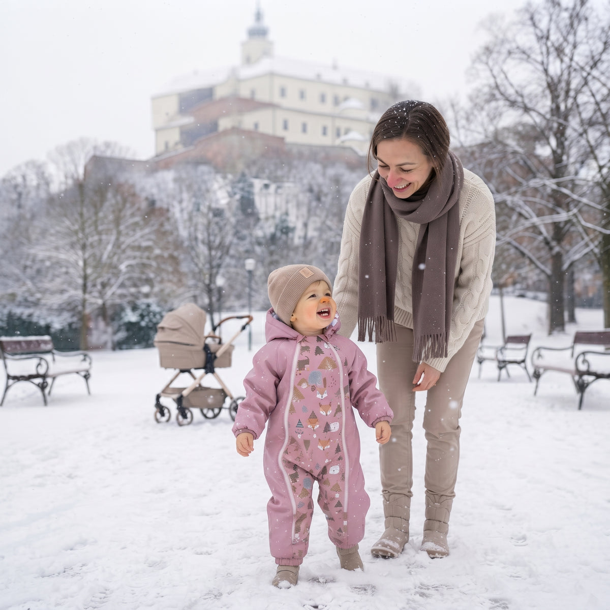 Monkey Mum® Mono infantil de invierno de softshell con borreguito - Ovejita rosa en el bosque - talla 62/68, 74/80