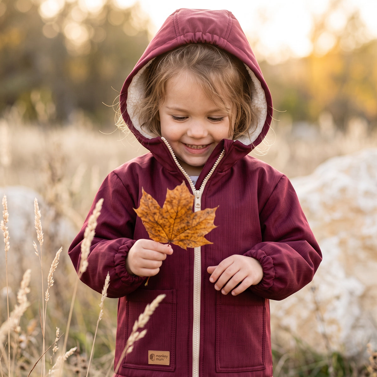 Chaqueta softshell invernal infantil con borreguito Monkey Mum® - Caperucita granate