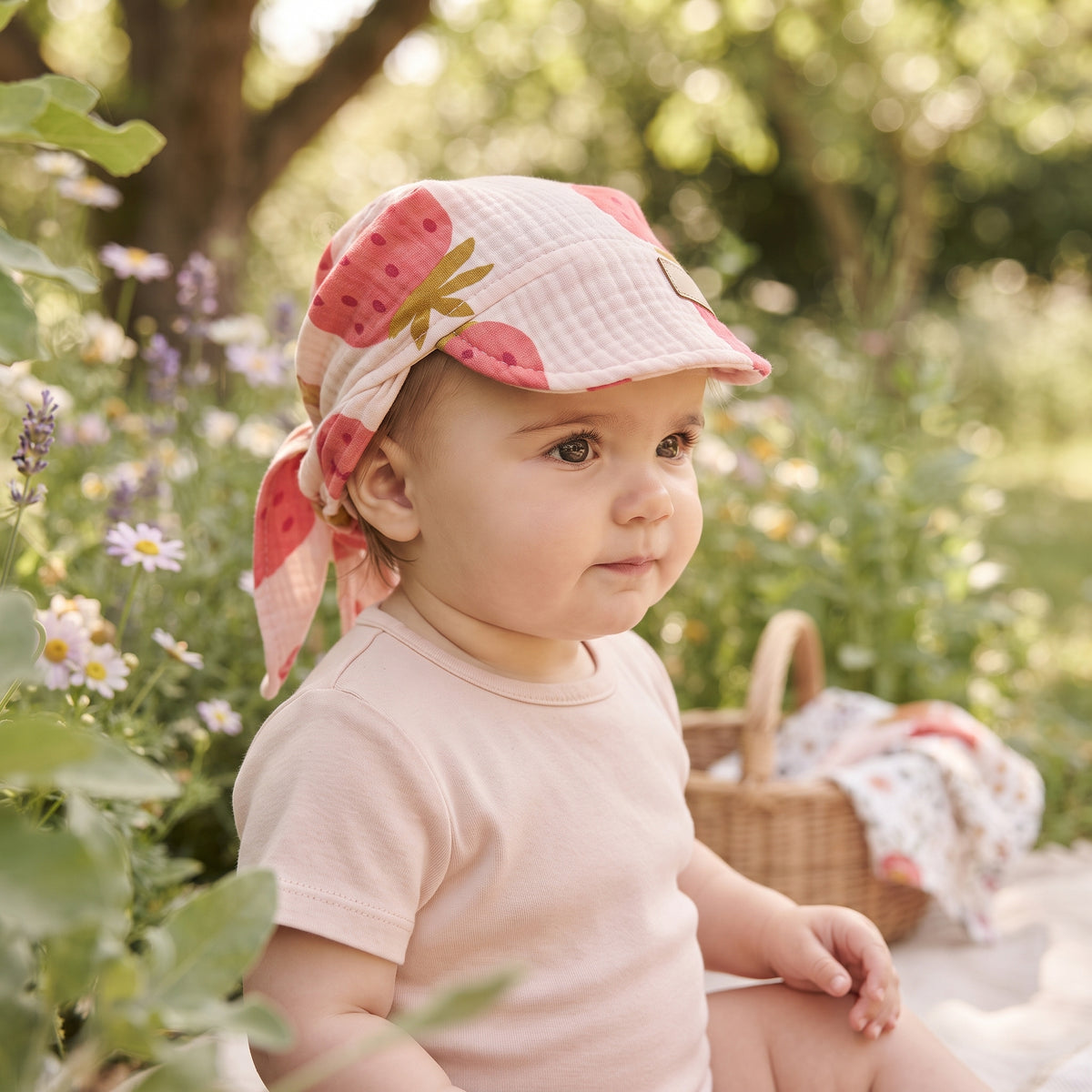 Pañuelo de muselina con visera Monkey Mum® - Fresa
