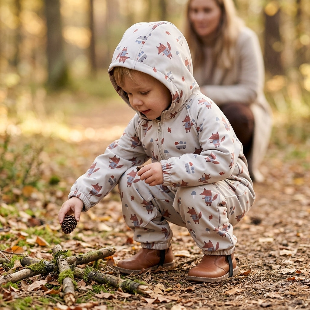 Monkey Mum® mono softshell con membrana – Zorros en las setas - talla 98/104, 110/116