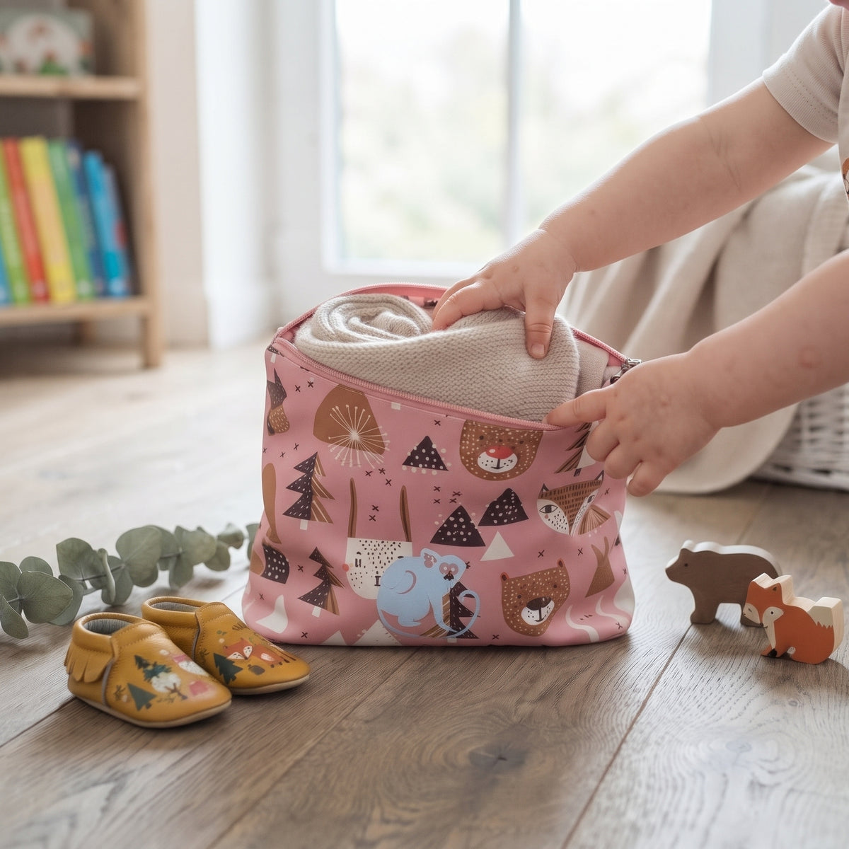 Mochila infantil softshell Monkey Mum® - Animales del bosque - Rosa