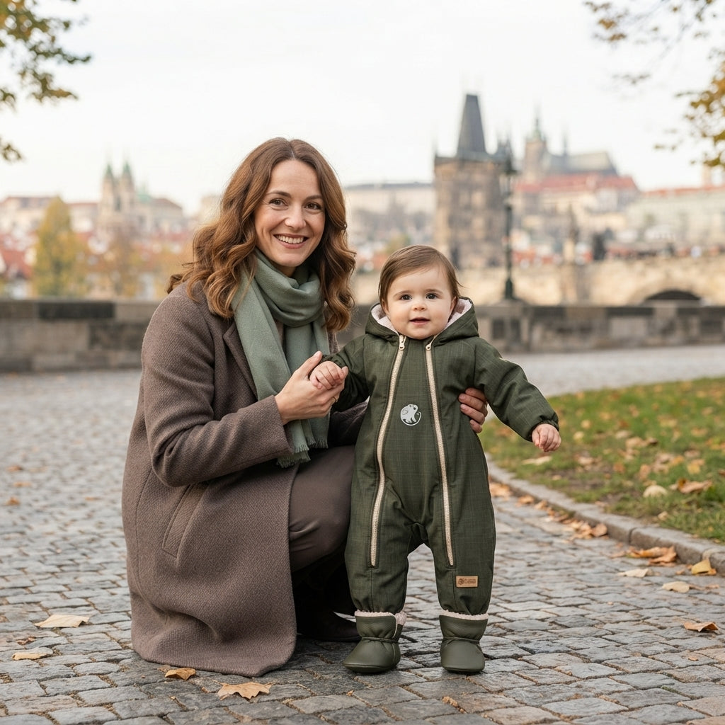 Monkey Mum® Mono infantil de invierno de softshell con borreguito - Pequeño cazador caqui - talla 62/68, 74/80
