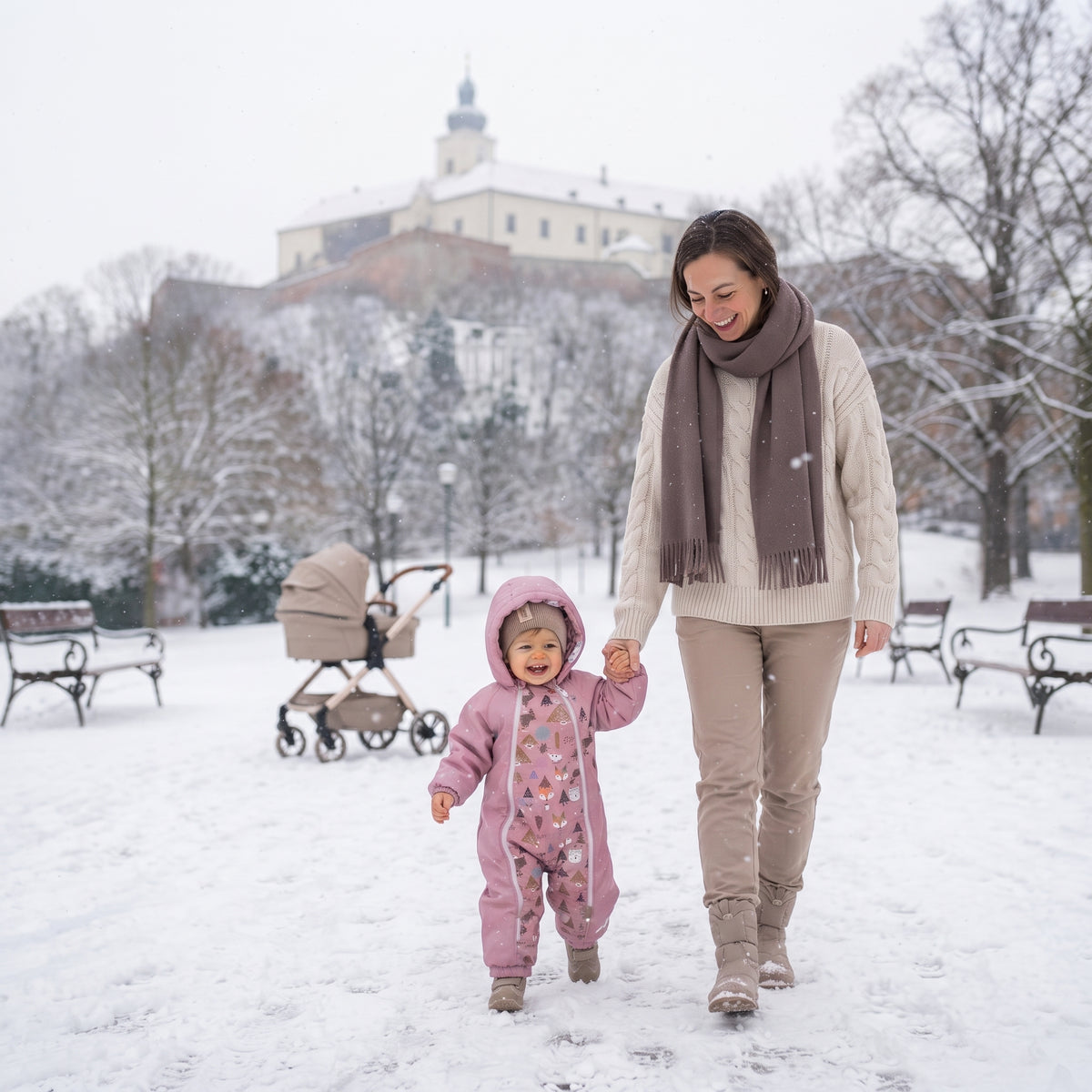 Monkey Mum® Mono infantil de invierno de softshell con borreguito - Ovejita rosa en el bosque - talla 62/68, 74/80