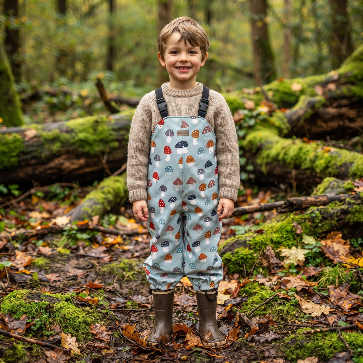 Monkey Mum® Pantalones con peto de softshell con membrana - Setas de amanita multicolor