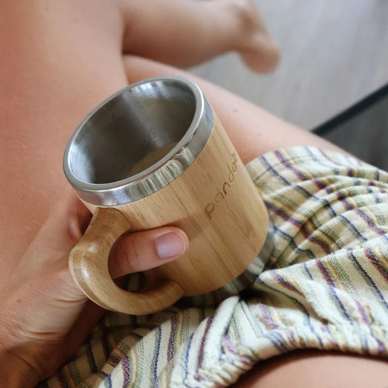 Taza de café y té de acero inoxidable de doble pared con superficie de bambú, 280 ml