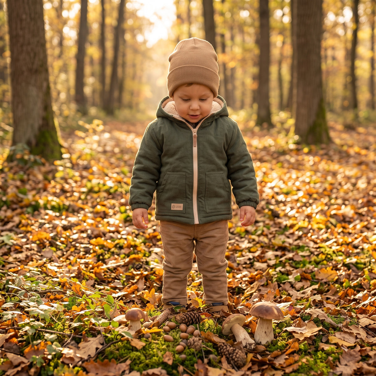 Chaqueta infantil de invierno de softshell con borreguito Monkey Mum® - Pequeño cazador caqui