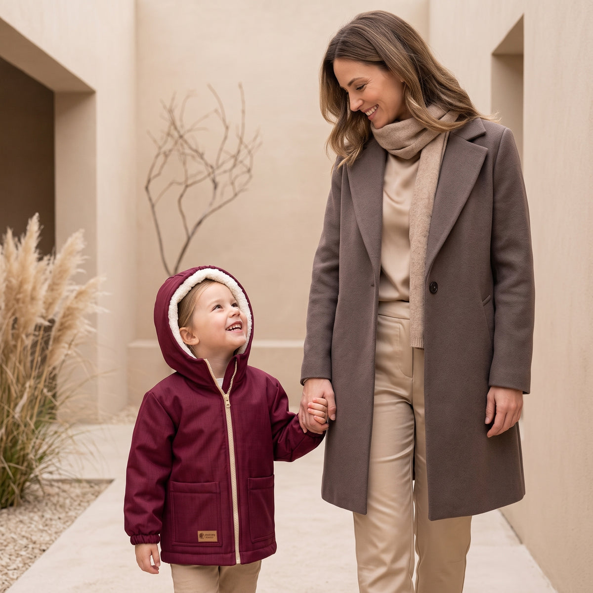 Chaqueta softshell invernal infantil con borreguito Monkey Mum® - Caperucita granate